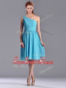 New Style Chiffon Baby Blue Knee Length Dama Dress with One Shoulder