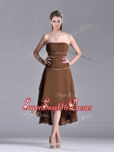 New Style Beaded Strapless High Low Brown Dama Dress in Chiffon