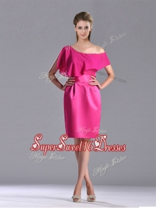 New Style Column One Shoulder Hot Pink Dama Dress with Zipper Up