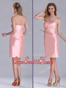 New Style Strapless Hand Crafted Flower Peach Dama Dress in Satin