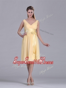 New Style V Neck Bowknot Chiffon Short Dama Dress in Yellow