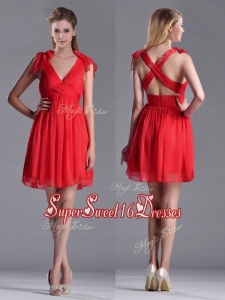 New Style V Neck Criss Cross Dama Dress with Ruching and Bowknot