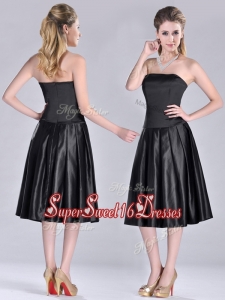 New Style Zipper Up Strapless Black Dama Dress in Tea Length