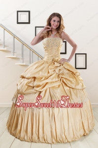 2015 Brand New Champagne Strapless Quinceanera Dresses with Appliques