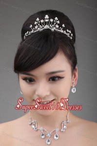 Elegant Rhinestone Wedding Jewelry Set Including Drop Necklace Earrings And Crown