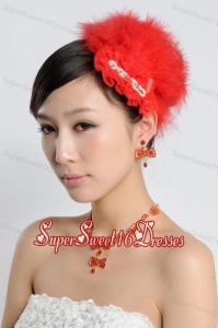 Red Luxurious Rhinestone Jewelry Set Including Necklace And Headpiece