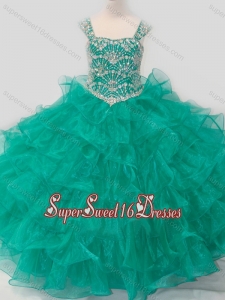 Top Selling Princess Straps Organza Turquoise Lace Up Little Girl Pageant Dress with Beading