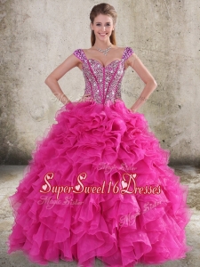 2016 Perfect Ruffled and Beaded Bodice Straps Hot Pink Quinceanera Dress