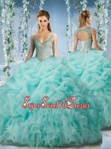 Beaded and Ruffled Aqua Blue Quinceanera Dress with Beaded Decorated Cap Sleeves