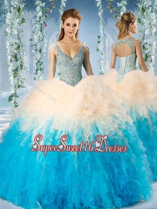 Simple Beaded Decorated Cap Sleeves Sweet Sixteen Dress in Blue and Champagne