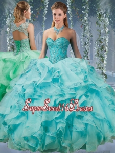 Simple Beaded and Applique Big Puffy Sweet 16 Dress in Aqua Blue