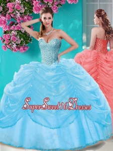 Popular Beaded and Pick Ups Big Puffy Quinceanera Dress in Light Blue