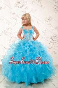 2015 Modest Appliques and Ruffles Aqua Blue Little Girl Pageant Dress