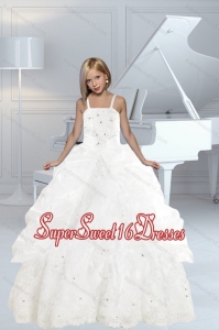 Appliques and Ruffles White delicate Little Girl Pageant Dress with Spaghetti Straps