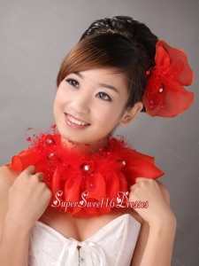 Red Organza Hearpices With Imitation Feather Rhinestones Decorate