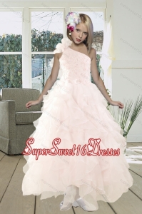 2015 Gorgeous A Line One Shoulder Baby Pink Prom Dress with Beading and Ruffles