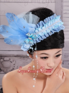 Classical Rhionstones and Feather Decorate On Tulle Baby Blue Headpices For Party