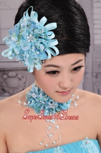 Tulle Aqua Blue Imitation Pearls and Flowers Decorate For Party In 2013 New York