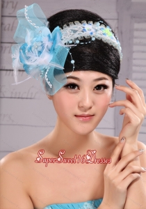 Light Blue Sweet Tulle Beading Feather Fascinator For Party
