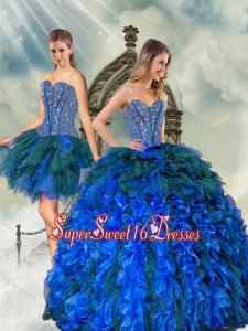 2015 Detachable Beading and Ruffles Military Ball Dresses in Royal Blue and Teal