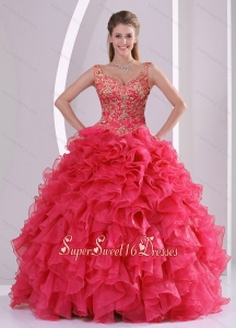 2015 Modern and Elegant Beading and Ruffles Quince Dresses in Red