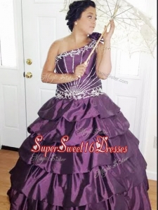 Cheap One Shoulder Dark Purple Quinceanera Dress with Appliques and Pick Ups