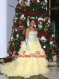 Popular Beaded and Ruffled Light Yellow Quinceanera Dress with Brush Train