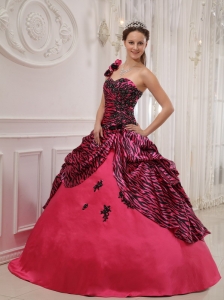 Cheap Hot Pink Sweet 16 Dress One Shoulder Zebra Appliques Ball Gown