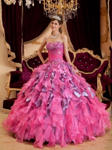 Discount Hot Pink Sweet 16 Dress Sweetheart Beading Leopard and Organza Ball Gown