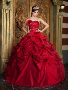 New Red Sweet 16 Dress Strapless Taffeta Hand Made Flowers Ball Gown
