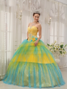 Brand New Yellow and Blue Sweet 16 Dress Strapless Tulle Beading and Ruch Ball Gown