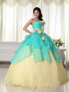 Apple Green and Yellow Ball Gown Strapless Floor-length Organza Beading Sweet 16 Dress