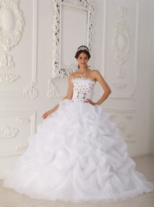 Cheap White Sweet 16 Dress Strapless Court Train Organza Beading and Hand Flower Ball Gown