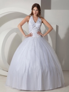 Elegant Ball Gown Halter Wedding Dress Taffeta Beading Floor-length