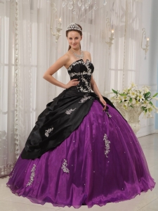 Modest Black and Purple Sweet 16 Dress Strapless Taffeta and Organza Apppliques Ball Gown