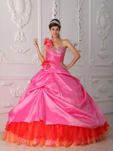 Cheap Rose Pink Sweet 16 Dress One Shoulder Organza and Taffeta Beading and Hand Flower Ball Gown