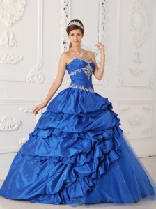 Exclusive Sapphire Blue Sweet 16 Dress Sweetheart Taffeta and Tulle Appliques with Beading A-Line / Princess