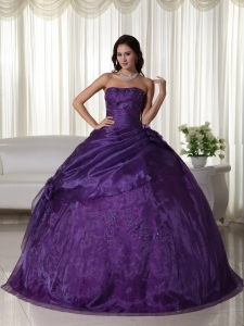 Purple Ball Gown Strapless Floor-length Tulle Beading Sweet 16 Dress