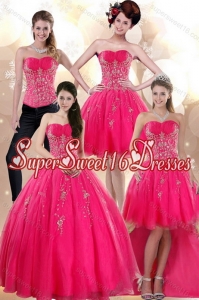 2015 Custom Made Strapless Hot Pink Dresses for Quince with Appliques