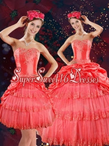 Custom Made Strapless Quinceanera Dresses with Beading and Pick Ups in Coral Red