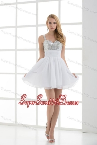 A-line Straps White Sleeveless Beading and Ruching Dresses for Dama