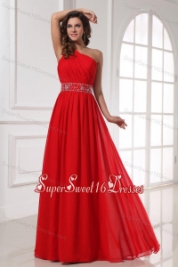 Red One Shoulder Beaded Decorate Waist Floor-length Dresses for Dama