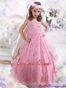 2015 Beautiful Rose Pink Spaghetti Straps Little Girl Pageant Dress with Appliques