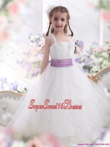 2015 Beautiful White Little Girl Pageant Dresses with Lilac Sash