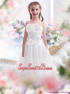 2015 Beautiful White Spaghetti Straps Little Girl Pageant Dresses with Flowers and Ruffles