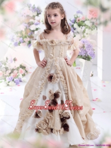 Beautiful Champagne Spaghetti Straps Little Girl Pageant Dresses with Hand Made Flowers and Ruffles