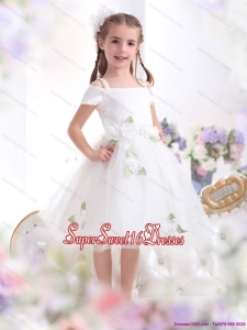 Beautiful Spaghetti Straps White 2015 Little Girl Pageant Dress with Hand Made Flowers