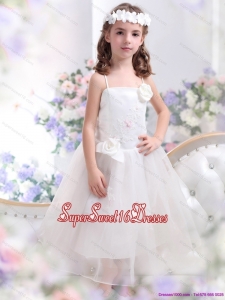 Beautiful White Spaghetti Straps Little Girl Pageant Dresses with Hand Made Flower and Appliques