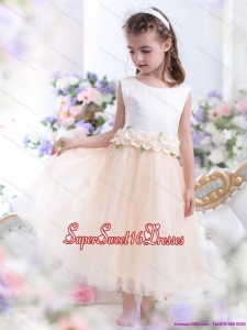 2015 Beautiful White Little Girl Pageant Dress with Waistband and Hand Made Flowers