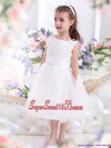 Beautiful Scoop Tea Length White 2015 Beautiful Little Girl Pageant Dress with Sash